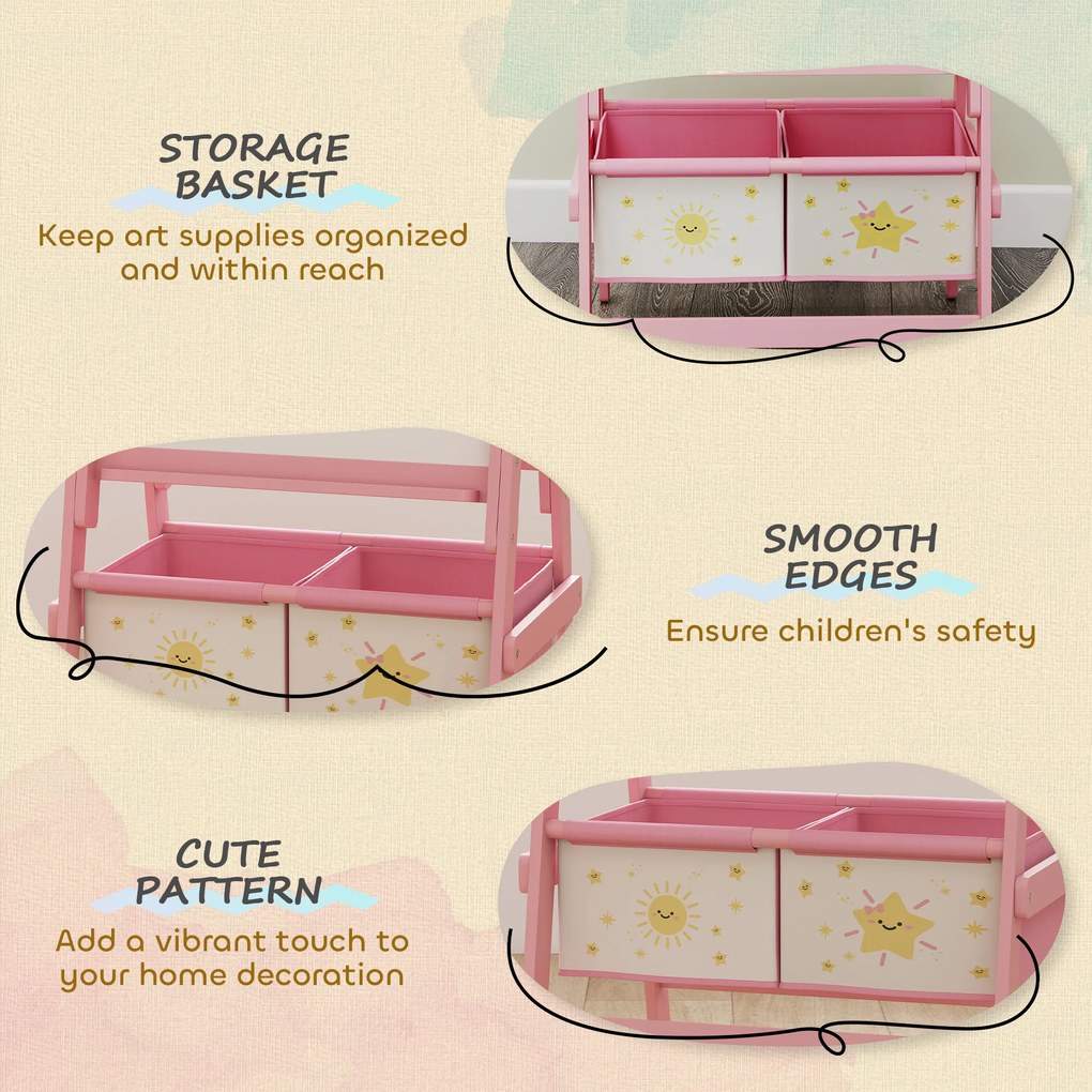 AIYAPLAY Sztaluga 3 w 1 dla dzieci z tablicą kredową, białą tablicą, rolką papieru i 2 koszami, różowa, dla dzieci w wieku 3-8 lat | Aosom PL