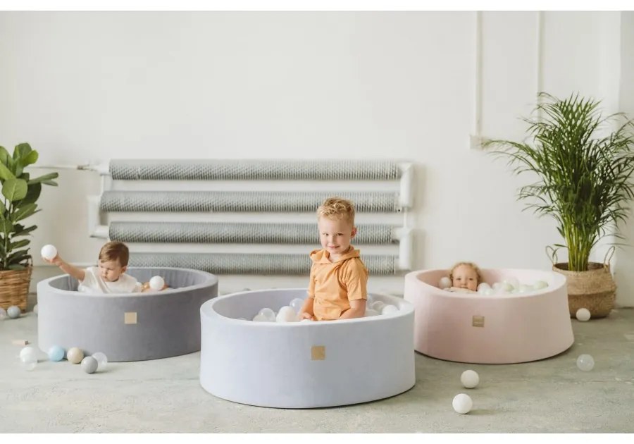 Okrągły suchy basen z piłeczkami 7cm dla dziecka, 90x40cm/300 piłek, bawełniany, jasnoszary, piłki: turkusowe, jasnozielone, szare, transparentne - meowbaby®