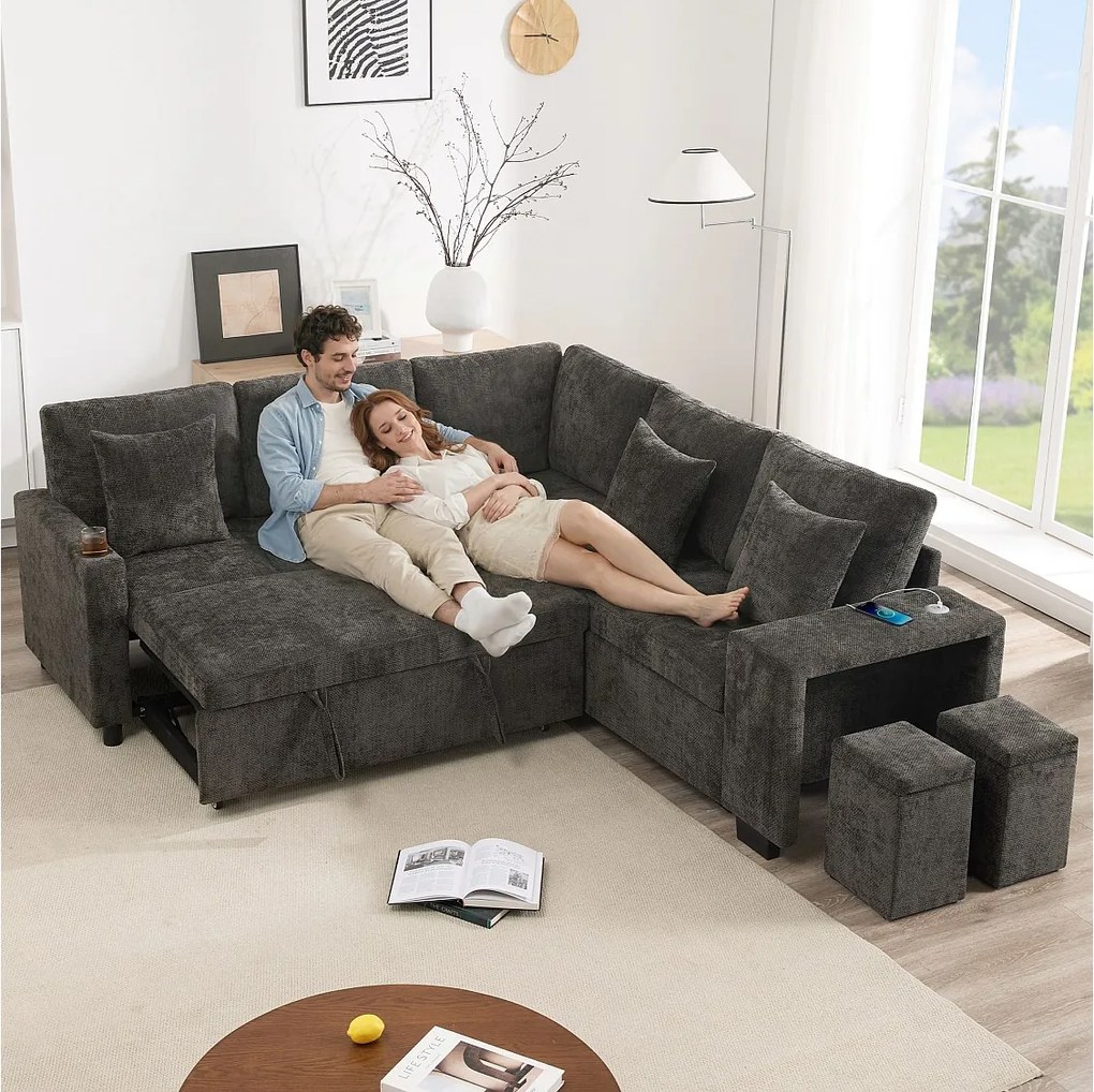 Narożnik rozkładany w kształcie litery L - 220 x 205 x 86,5 cm - ze schowkiem + port USB + poduszki + 2 hokery ze schowkiem - aksamit - szary