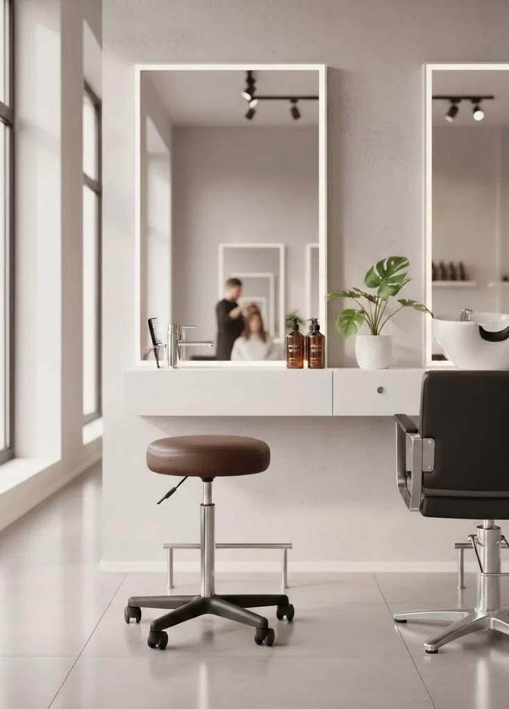 Brązowy tapicerowany taboret obrotowy na kółkach M9-K66