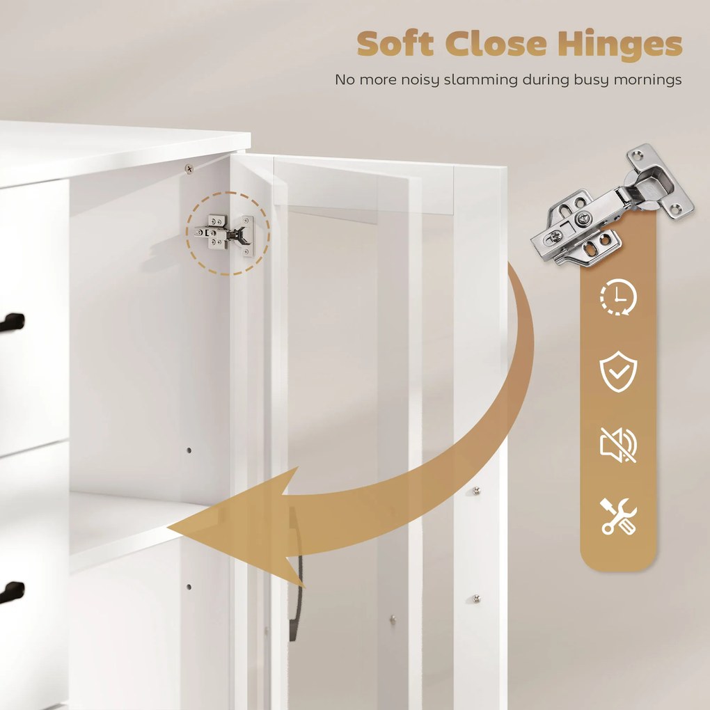 HOMCOM Nowoczesny sideboard z drzwiami z cichym domykaniem, kredens z 3 szufladami i 2 drzwiami ze szkła, regulowane półki, MDF, biały