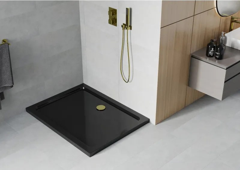 Mexen Flat brodzik prostokątny slim 100 x 90 cm, czarny, syfon złoty - 40709010G
