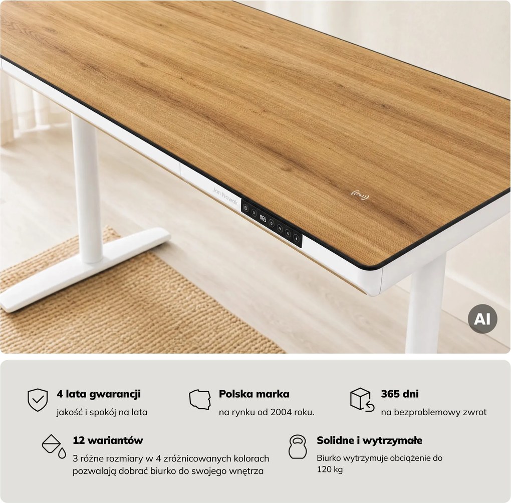 Biurko elektryczne sit-stand z szufladą i ładowarką bezprzewodową Qi białe/złoty dąb, 1400 mm: ELLIS