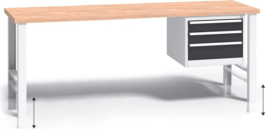 Stół warsztatowy z regulacją wysokości G3, 2000 x 685 x 840-1050 mm, 1x 3 szufladowy kontener, grafitowy