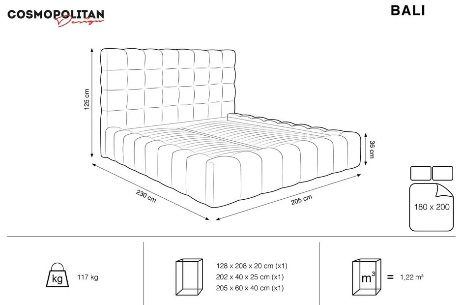 Jasnoszare tapicerowane łóżko dwuosobowe ze schowkiem i stelażem 180x200 cm Bali – Cosmopolitan Design