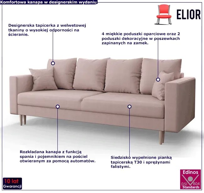 Różowa welurowa sofa rozkładana - Adante