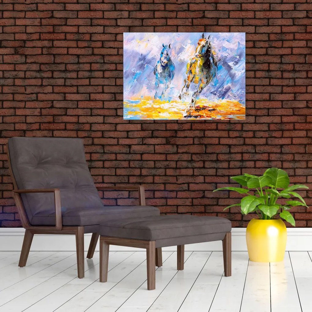 Obraz na szkle biegnących koni, obraz olejny (70x50 cm)
