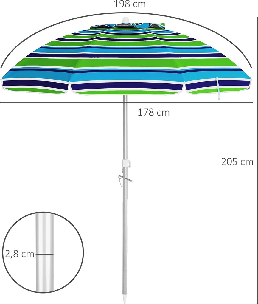 Outsunny Parasol Plażowy Ø178 cm UV40+ Wiatroodporny Stabilny Regulowany z Nachyleniem Wentylacją Torbą Wielokolorowy | Aosom PL