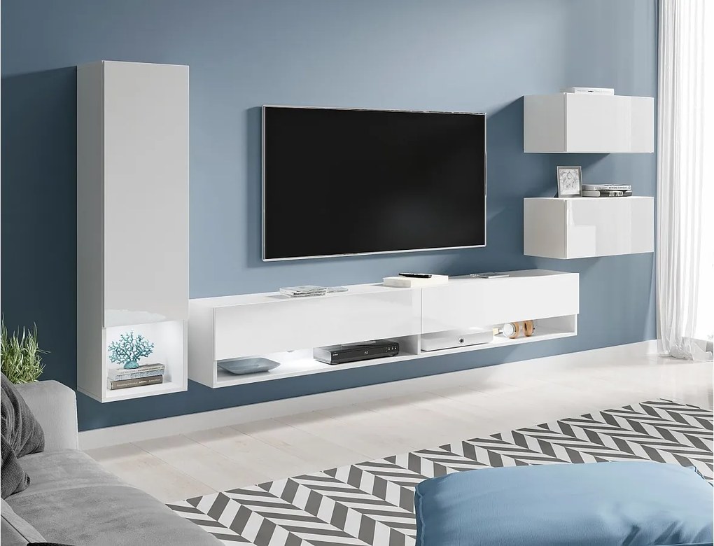 Nowoczesna meblościanka z LED 4-elem. – wiszący zestaw RTV 180 cm, słupek, 2 szafki, korpus biały mat, fronty biały połysk