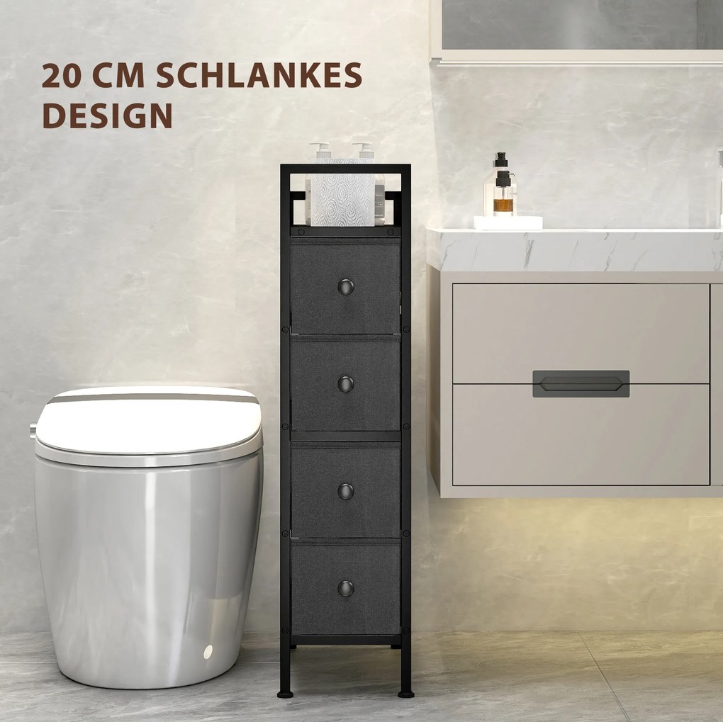 HOMCOM Komoda z 4 tkaninowymi szufladami Szafka do przechowywania ze stalową ramą, 20 cm x 43 cm x 81,5 cm, Czarny | Aosom PL