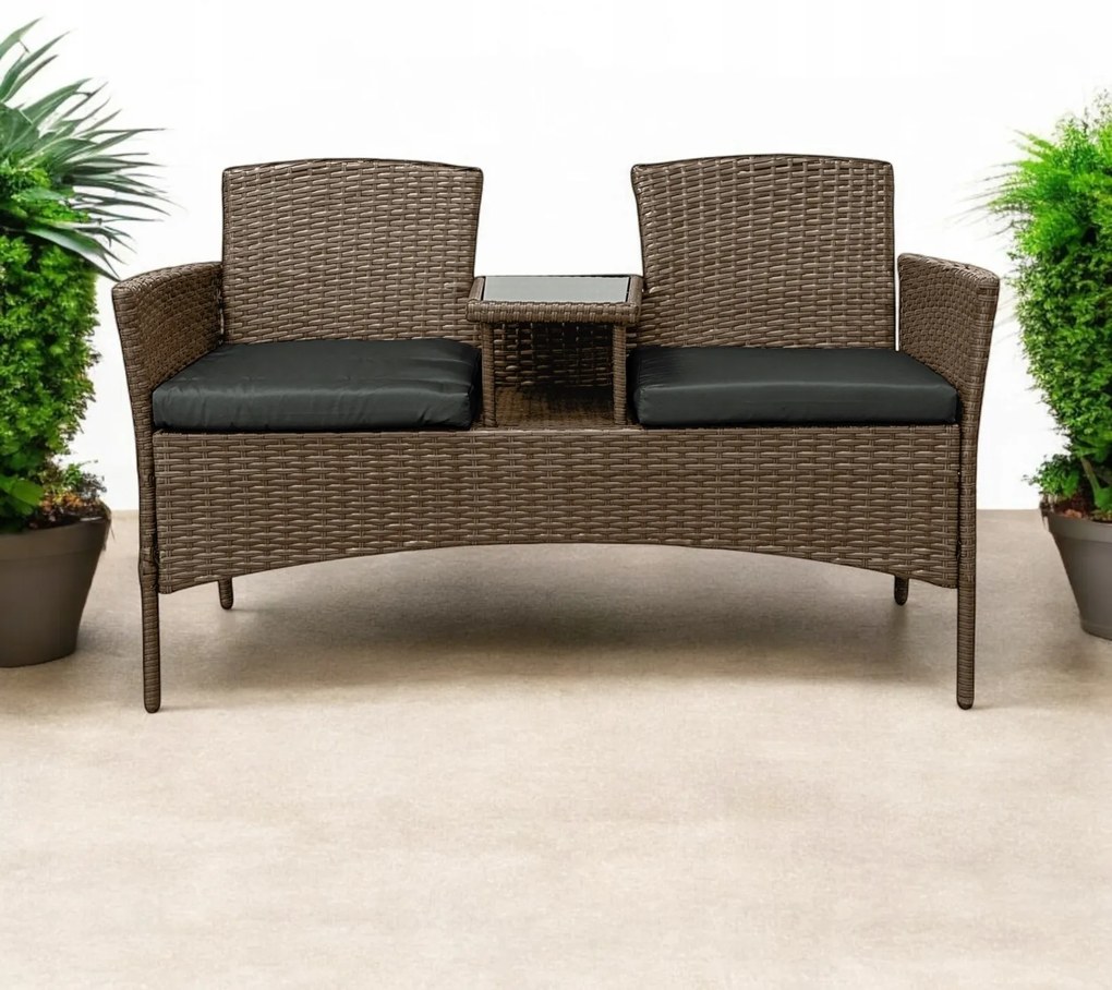 Meble ogrodowe Ratina, dwuosobowa sofa ze stolikiem, kolor jasny brąz, poduszki szare