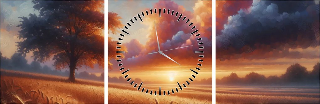 Obraz – Zachód słońca na polu (z zegarem) (90x30 cm)