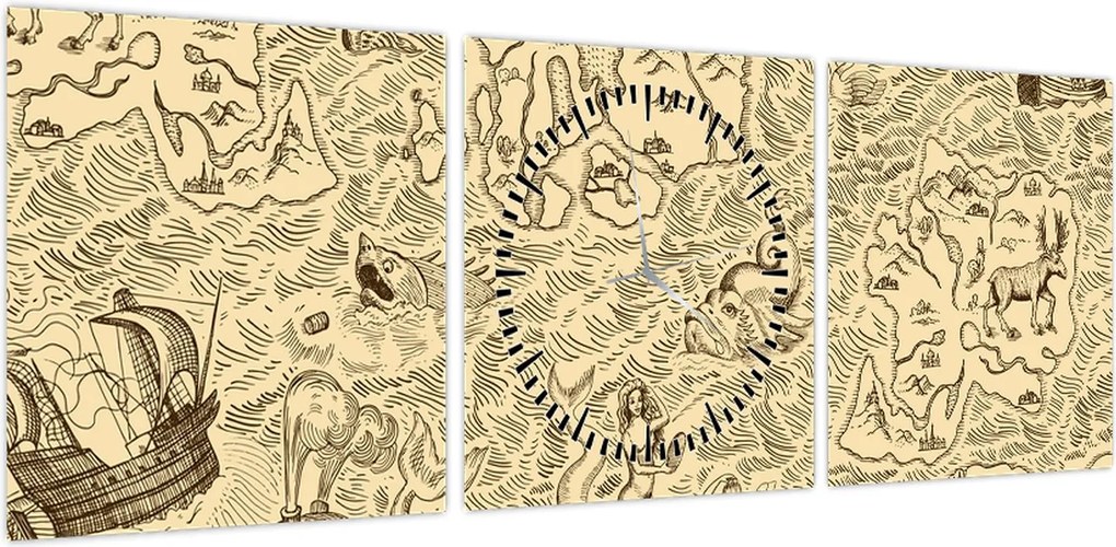Obraz - Zabytkowa mapa, ilustracje (z zegarem) (90x30 cm)