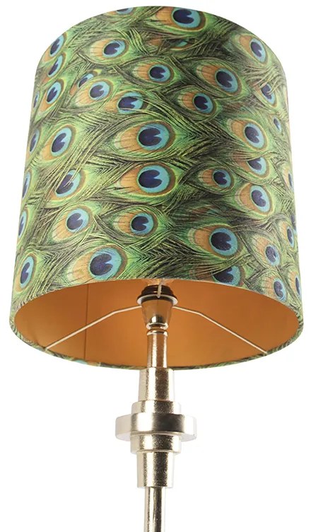 Lampa stołowa w stylu art deco ze złotym abażurem z aksamitu z wzorem pawia 40 cm - Diverso ArtDeco Oswietlenie wewnetrzne