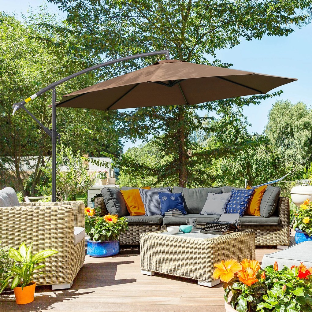 Outsunny Parasol Ogrodowy z Korbką Wodoodporny 3 m x 2,5 m, Stal i Poliester, Kolor Kawa