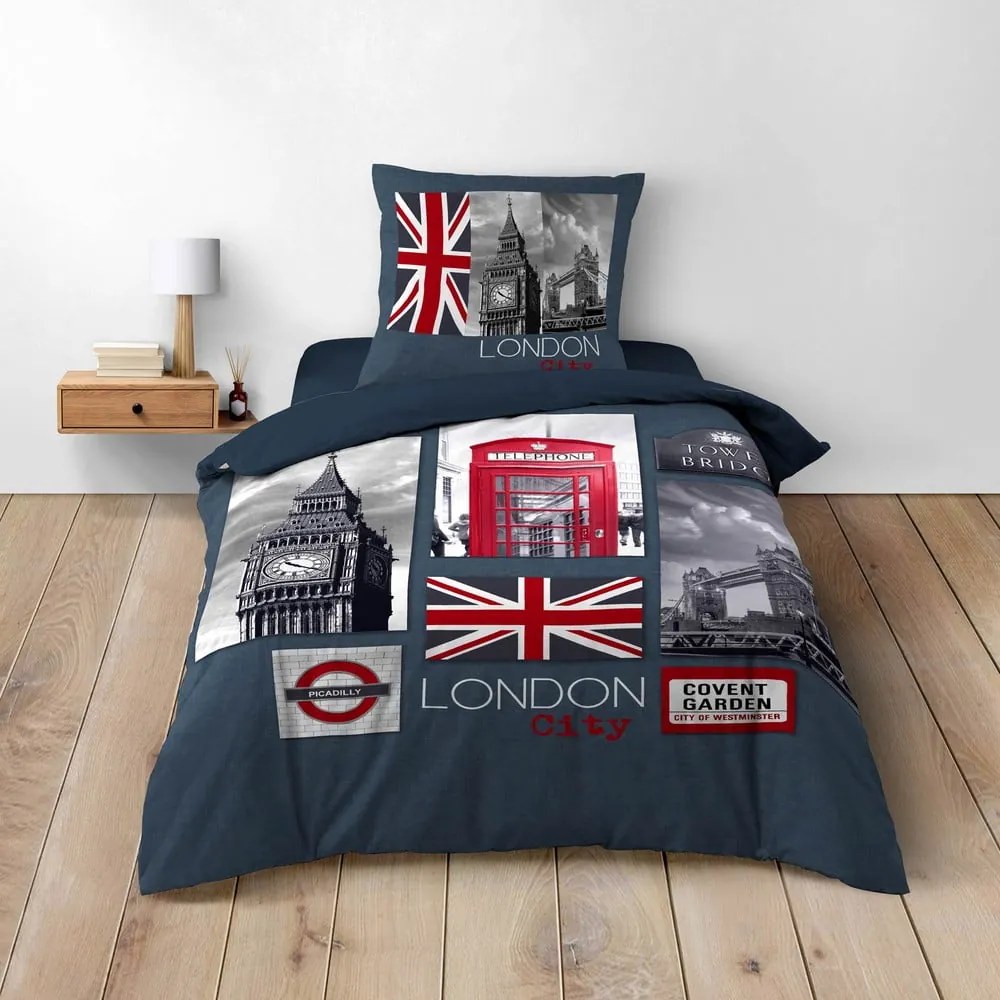 Ciemnoniebieska bawełniana pościel jednoosobowa 140x200 cm City London – douceur d'intérieur