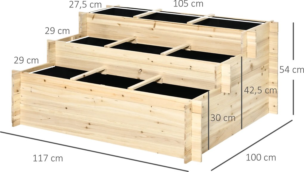 Outsunny Wysoki Grząd, 3 poziomy, Wyłożenie z Filcu, Malowane Drewno Naturalne, 117 x 100 x 54 cm