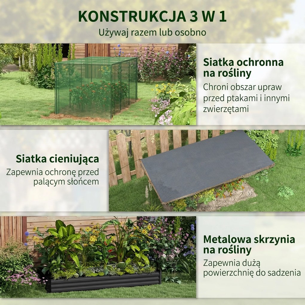 Outsunny Wysokie Łóżko Ogrodowe ze Stali 230x110x110cm z Siatką Ochronną Ciemnoszary | Aosom PL