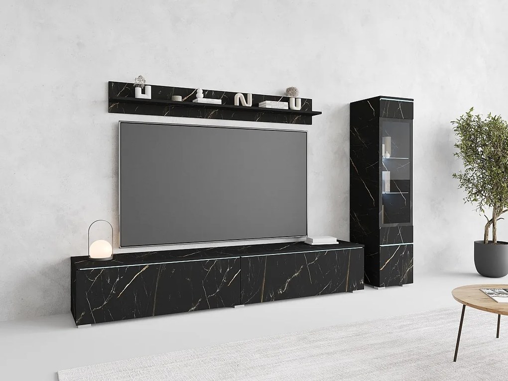 Zestaw mebli do salonu 3 elementy z LED – szafka RTV 180 cm witryna i półka, meblościanka stojąca lub wisząca, Marmurowy mat