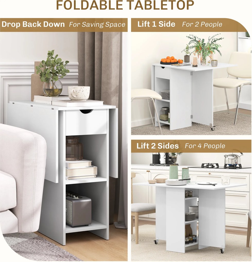 HOMCOM Składany Stół dla 2-4 osób, Składany Stół Kuchenny z Przesrzenią do Przechowywania, Rozkładany na Kołach, Biały