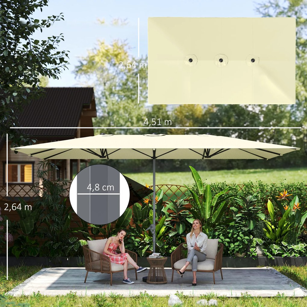 Outsunny Podwójny parasol, 451 x 264 cm Parasol z systemem korbkowym, 12 metalowych żeber, maszt z aluminium, Kremowy
