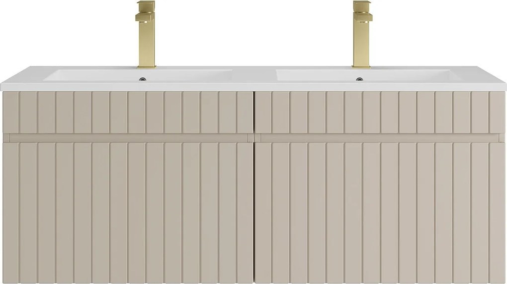 Wisząca szafka łazienkowa prążkowana beżowa z umywalką podblatową do zabudowy i baterią - 120 cm - SATARA