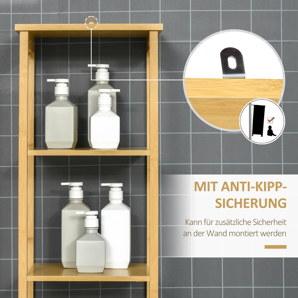 kleankin Wysoka Szafka Łazienkowa Bambusowa Żaluzjowe Drzwiczki 3 Półki 34x30x173cm | Aosom PL