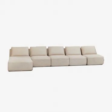 Sofa Modułowy Z Lewym Szezlongiem, 5-częściowy, Z Weluru, Pakowany Próżniowo Temple Len Aksamit Beż Lniany - Sklum