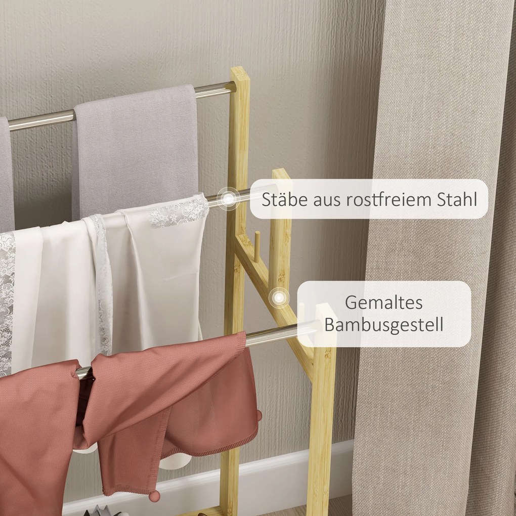 HOMCOM Stojak na ręczniki, wolnostojący, 3 pręty, bambus/stal, 50,5x31x90cm