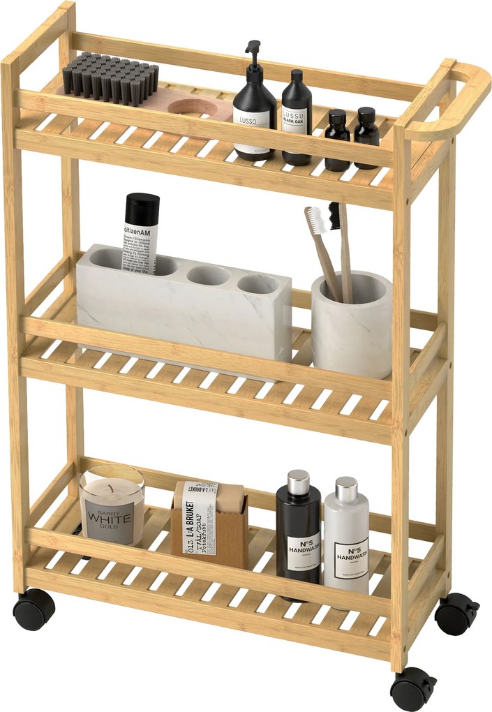 HOMCOM Wózek Serwisowy, 3 Poziomy, Półki Listwowe, Zabezpieczenie przed Wypadaniem, Bambus, 55 x 20 x 75 cm