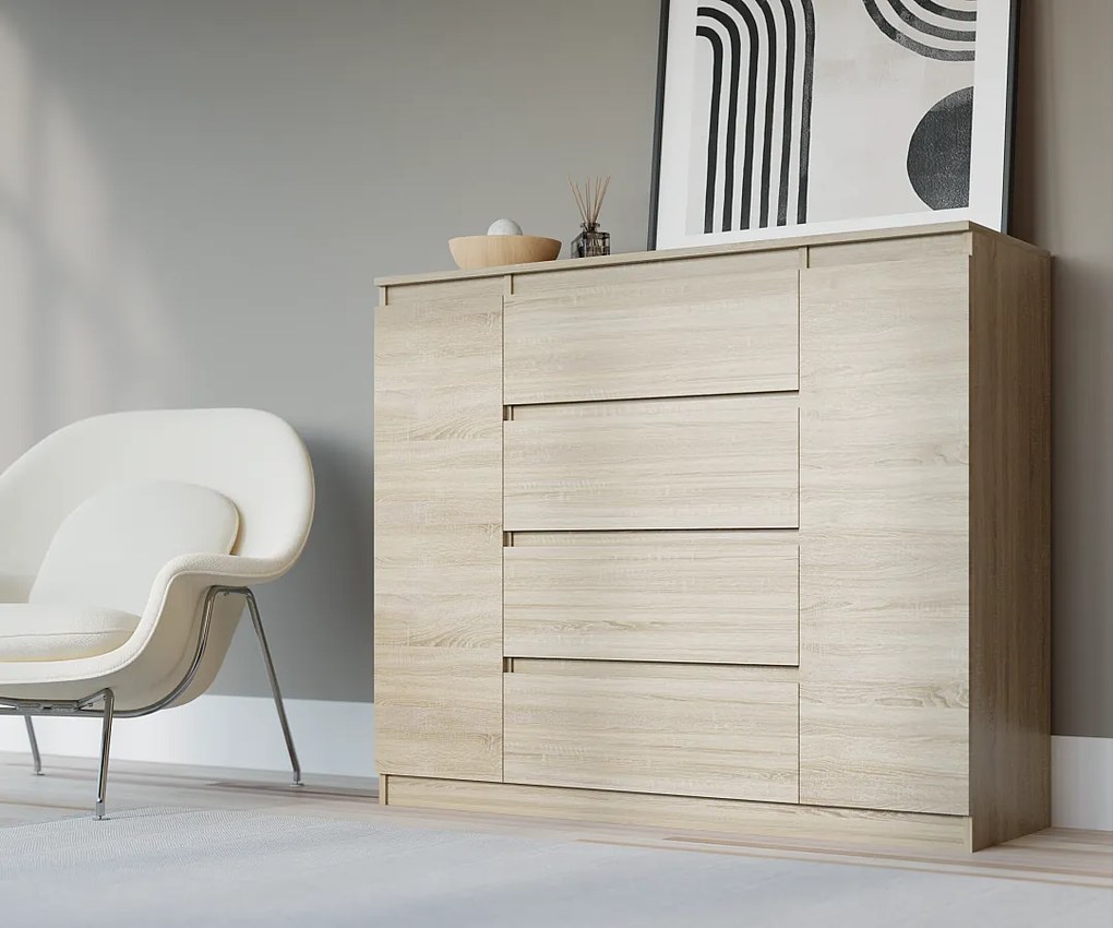 Komoda: Dąb Sonoma, 120 x 39 x 101 cm, 2 drzwi, 4 szuflady