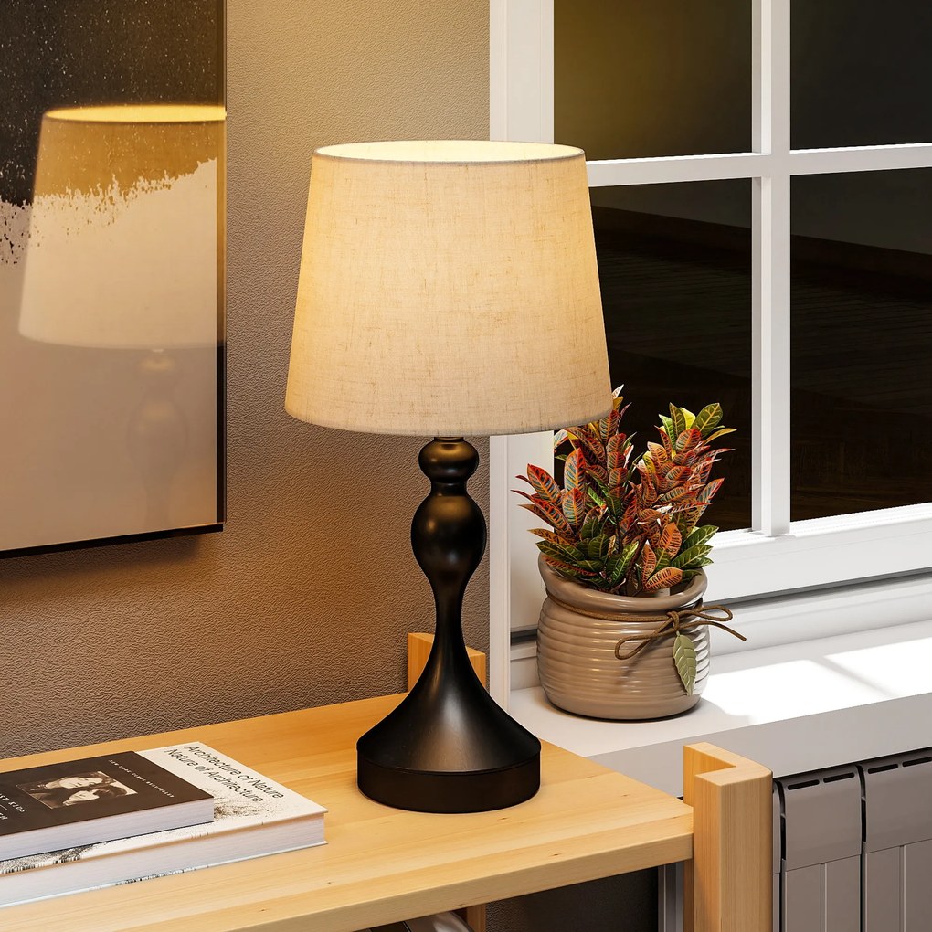 HOMCOM Lampa stołowa LED z 3 temperaturami barwowymi, lampka nocna z portami ładowania USB A+C, lniany abażur, czarna