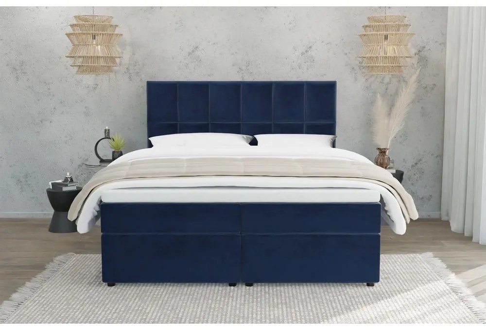 Ciemnoniebieskie łóżko boxspring ze schowkiem 140x200 cm Flip – Ropez