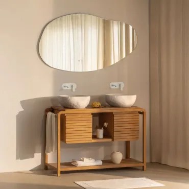 Zestaw Mebli Łazienkowych Z Drewna Tekowego Bradley Nieregularna Dioda Led I Funkcja Przeciwmgielna 140 X 75 Cm Riben & ↔︎ 120 Cm & 2 X - Sklum