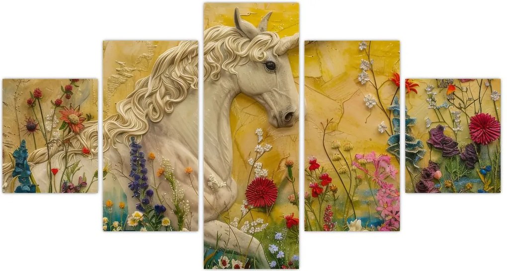 Obraz - Jednorożec z kwiatami (125x70 cm)