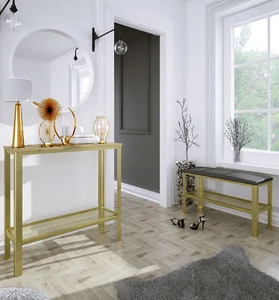 Minimalistyczna konsola z półką złoty + dąb artisan E7-S33