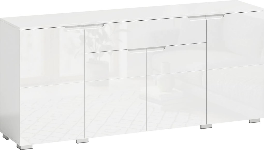 HOMCOM Komoda w wysokim połysku, nowoczesna komoda bufetowa z 4 drzwiami i regulowanymi półkami, szafka kuchenna z cichym domykiem, biały | Aosom PL