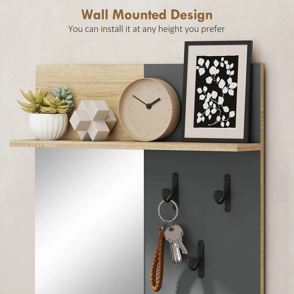 HOMCOM Zestaw garderoby do przedpokoju, ławka na buty, lustro, 3 haczyki, otwarta półka, meble do przedpokoju, drewno naturalne+szary