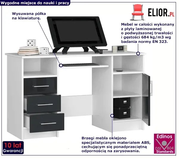 Biało-grafitowe biurko z szufladami połysk P7-N00