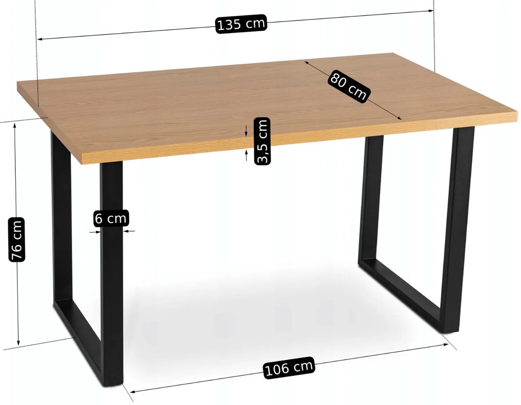 Stół Prostokątny GLOS 135 cm Dąb Złoty/Czarny do Jadalni Nowoczesny Loft