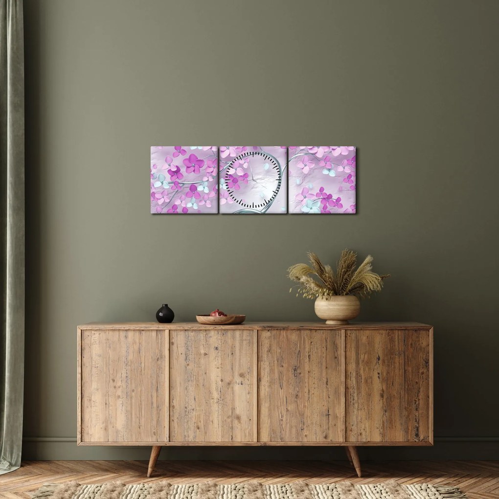 Obraz kwiatów na srebrnej łodydze - abstrakcja (z zegarem) (90x30 cm)