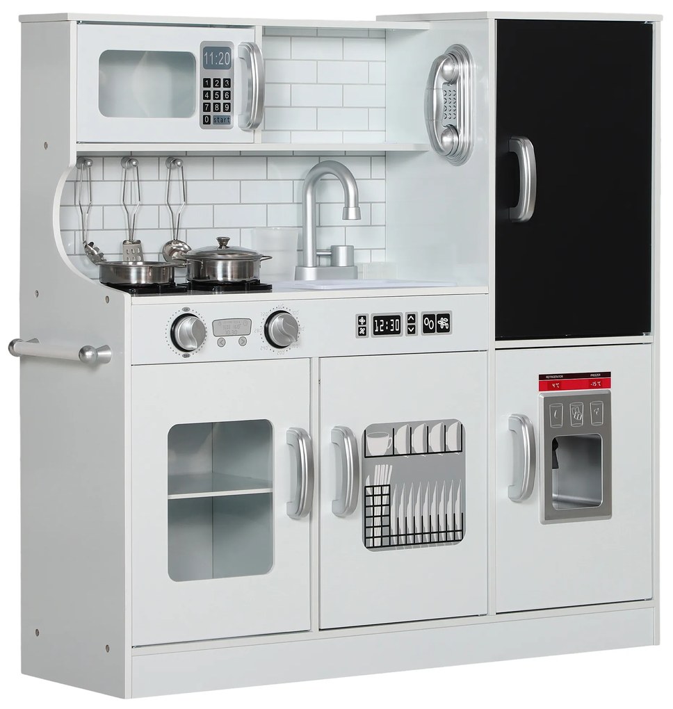 AIYAPLAY Kuchnia dla dzieci, zestaw do zabawy z telefonem, tablicą kredową, mikrofalówką, kuchenką, zlewem, akcesoriami, maszyną do lodu, 3-8 lat, Biała