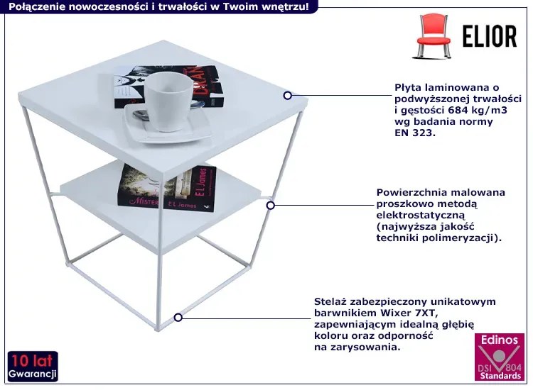 Biały kwadratowy stolik kawowy z półką - Arakin 5X