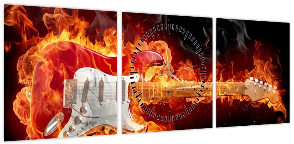 Obraz - Gitara w płomieniach (z zegarem) (90x30 cm)