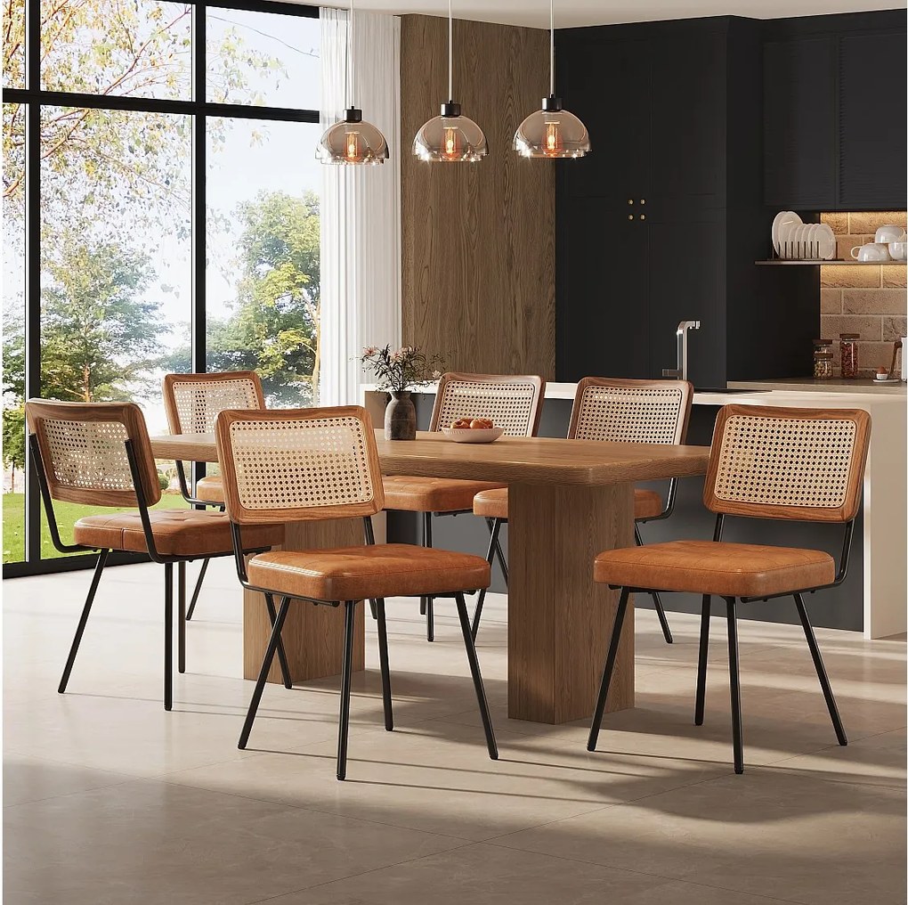 Zestaw 6 krzeseł ze sztucznej skóry - Fotel wypoczynkowy z rattanu - Fotel retro - Metal + PU - Brązowy