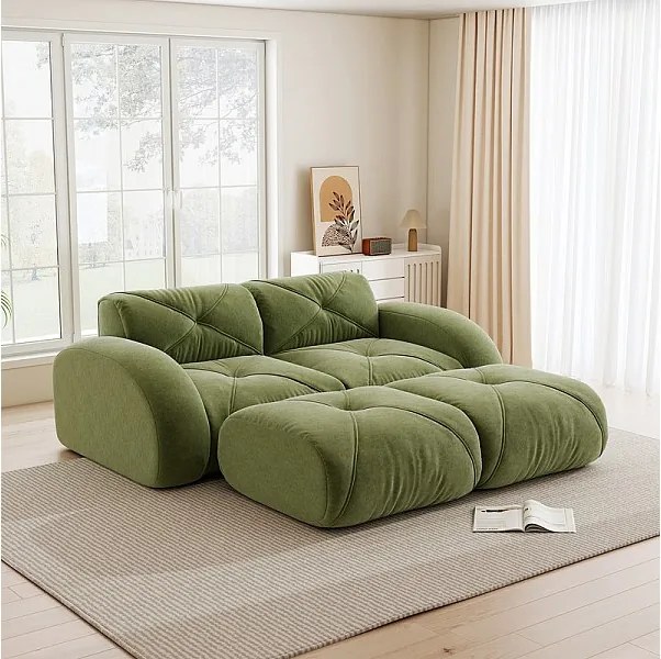 Canapé d'angle modulable en tissu chenille, 2 places, avec 2 pouf, 204x171x76cm, Vert