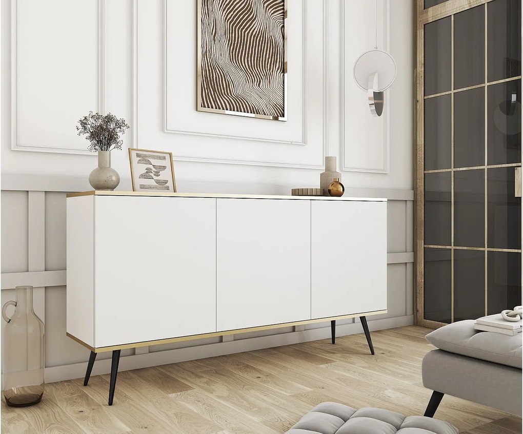 Komoda ORO K-160 nowoczesna 160 cm szeroka, biała, 2 drzwi, 2 szuflady, Push-to-Open, czarne metalowe nogi 23 cm, laminat 16 mm