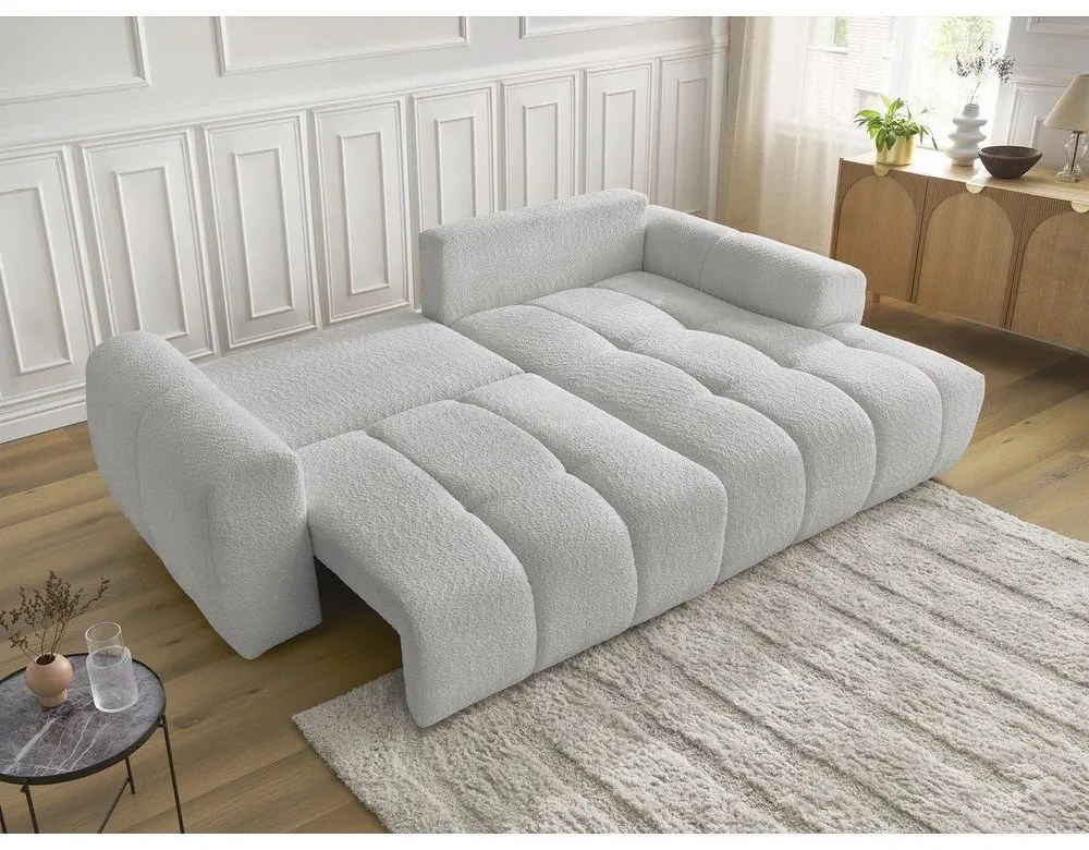 Jasnoszary rozkładany narożnik z materiału bouclé ze schowkiem (prawostronny/z szezlongiem) Roxelane – Bobochic Paris