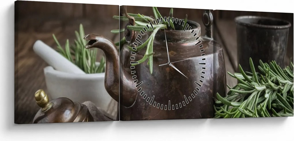 Obraz - Czajniczek z rozmarynem (z zegarem) (90x30 cm)
