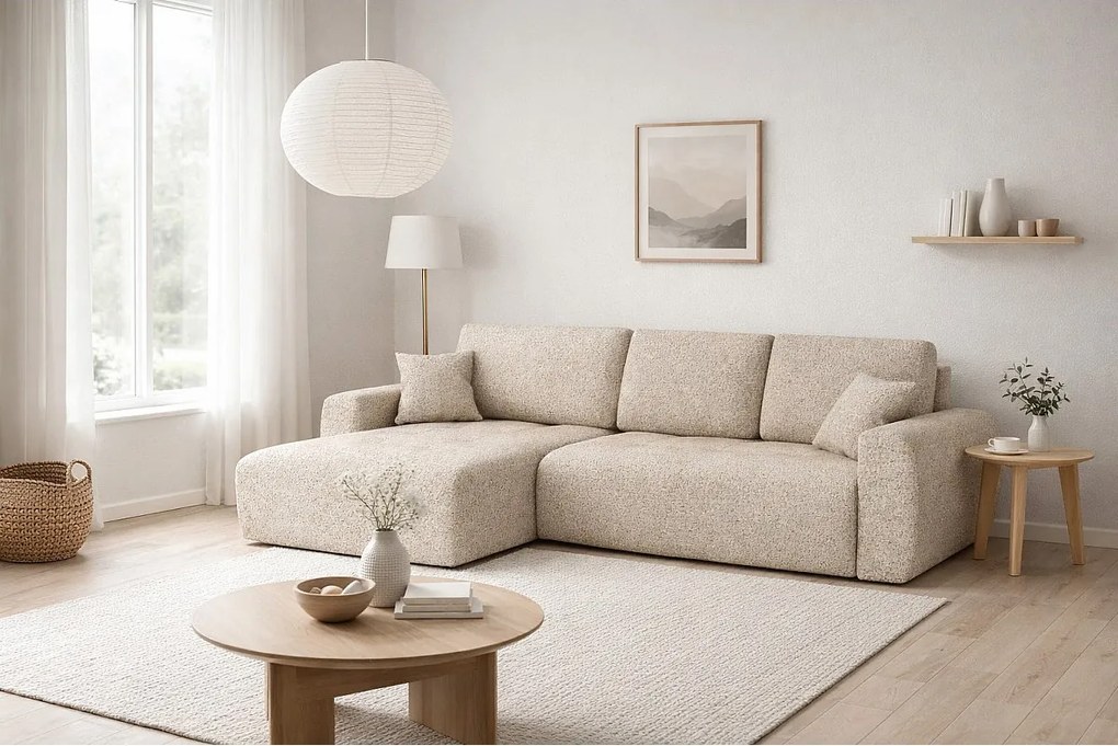 Narożnik w kształcie L z funkcją spania i pojemnikiem Ivo XL, tkanina szenilowa Artico, Beżowy, Lewy